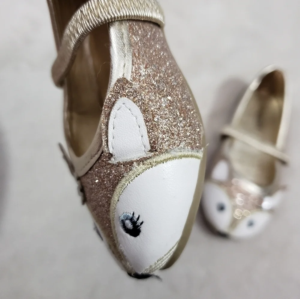 Capelli New York Girls Gold Glitter Fox Face Ballet Flats Mary Jane Shoes Size 6